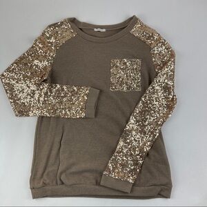 12PM by Mon Ami Sweater Womens Brown Gold Sequins Long Sleeve Pocket